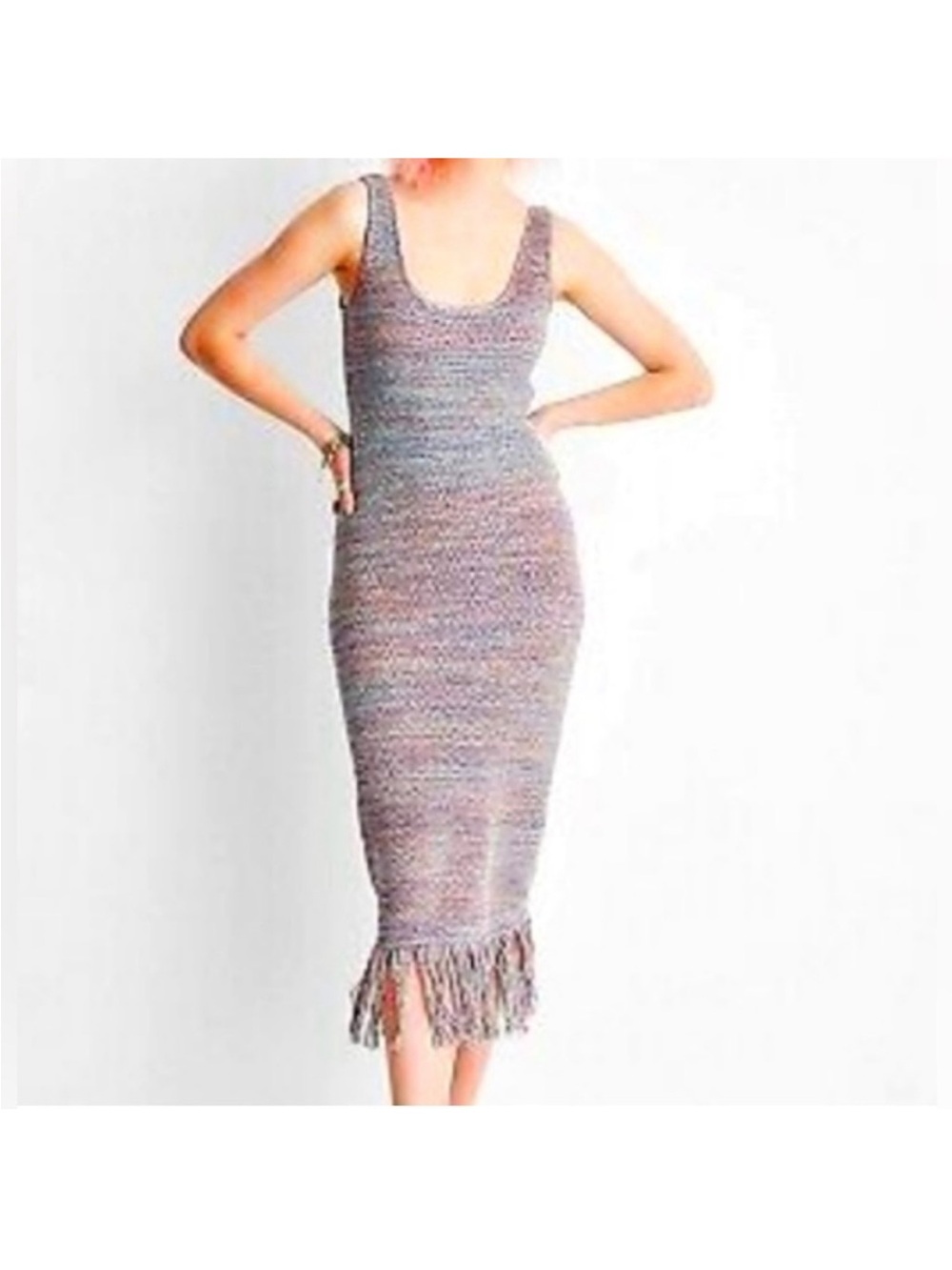 Future Collective Sleeveless Multicolor Knit Midi Dress with Fringe. Size Medium